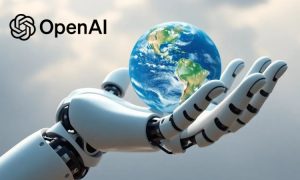 a giantic android robot arm sustaining the Earth on the palm of its hand