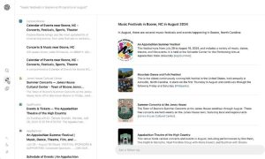 Captura de pantalla de un resultado de búsqueda en Google, mostrando eventos musicales en Boone, NC, agosto 2024. Incluye festivales, teatro y lugares.