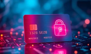 una tarjeta de crédito sobre un fondo de aspecto cibernetico, con bytes neon. Un padlock virtual, hecho como un holograma aparece brillante.