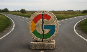 a realistic image of a logo of google split in two. The logo is made of stone in the middle of a crossroads with roads in both ways