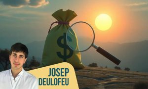 a giant magnyfying glass and a giant dollar bag over a digital landscape