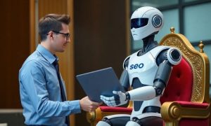 an office worker giving a folder called "seo" to an android robot, that is sat on a throne