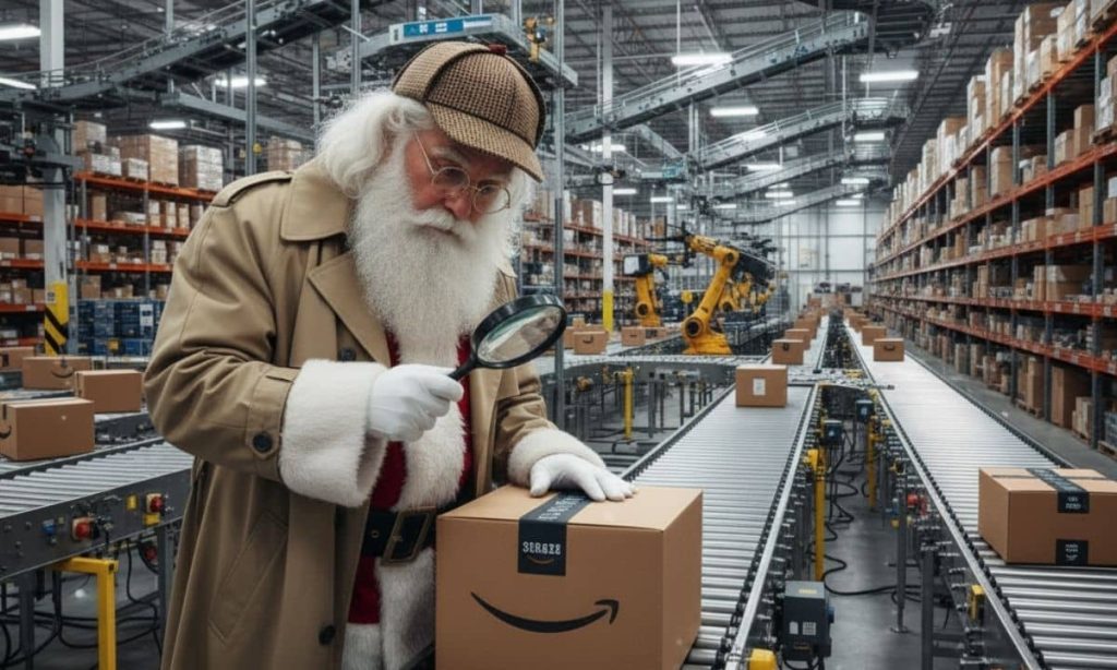 PAPA NOEL APAREZCA CON UNA LUPA INSPECCIONANDO COMO SI FUERA UN DETECTIVE UNA CAJA DE CARTÓN CON EL LOGO DE AMAZON. Está dentro de una nave de procesado de pedidos, con cintas transportadoras