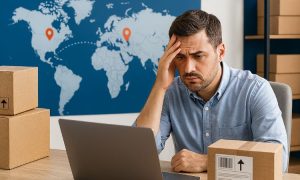 La imagen muestra a un hombre sentado frente a un portátil, con gesto preocupado, rodeado de cajas de cartón. Al fondo se ve un mapa mundial sobre un panel azul con marcadores rojos, simbolizando los retos de la logística internacional.