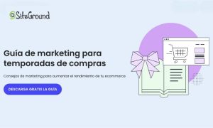Guía abierta ilustrada con lazo, página de ecommerce; fondo azul y violeta. Texto: "Guía de marketing para temporadas de compras. Descarga gratis la guía."