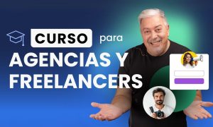 Imagen de Fernando Tellado, con los brazos abiertos en actitud cercana y acogedora, sobre un fondo degradado en tonos azul y verde. A su izquierda aparece el texto destacado “Curso para agencias y freelancers”, con un ícono de birrete que representa formación. A la derecha, se ven dos imágenes circulares que representan a profesionales creativos: una mujer con un megáfono y un hombre con una cámara, junto a un diseño que simula un formulario. Todo sugiere una promoción visual para un curso dirigido a profesionales del marketing, diseño o contenidos digitales.