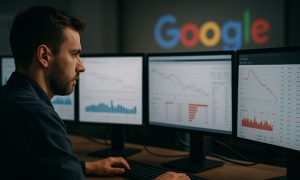 Imagen generada con IA que muestra a un analista de SEO frente a varias pantallas con gráficos y métricas digitales, representando el impacto de la Spam Update de Google en agosto sobre los sitios web y sus estrategias de posicionamiento.