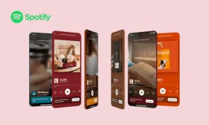 Sobre un fondo rosa flotan varios teléfonos móviles formando una especie de carrusel. En sus pantallas se ve el reproductor de Spotify con anuncios. En la esquina superior izquierda de la imagen aparece el logo de Spotify