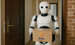 Un robot humanoide sosteniendo un paquete con el logotipo de Spring GDS en la puerta de un piso, simbolizando la entrega logística automatizada con IA.