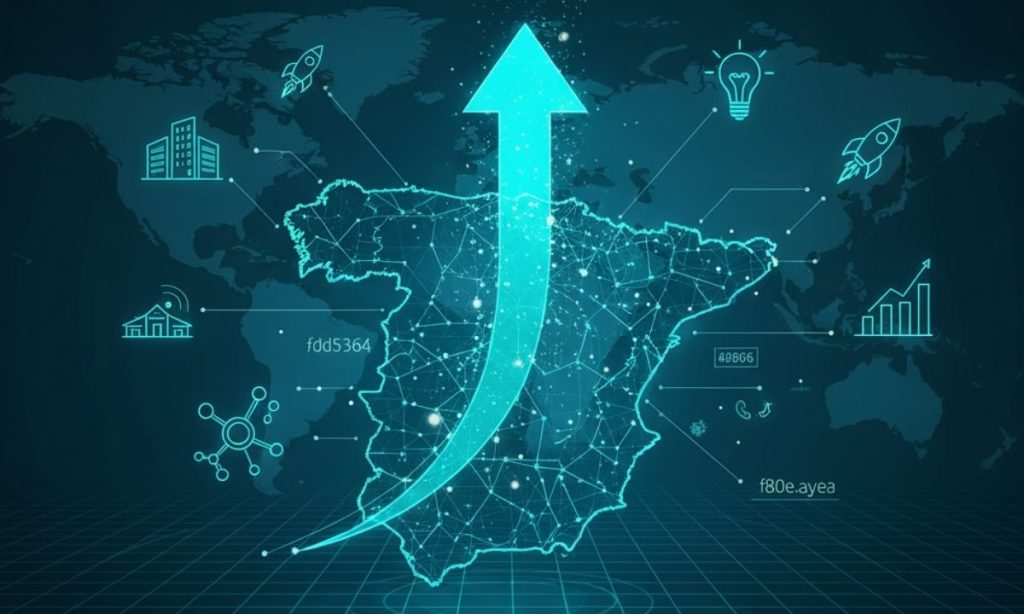 Fondo: La silueta de la geografía de España, estilizada con líneas de neón y conectividad, para anclar el concepto geográficamente. Elementos centrales: Símbolos de crecimiento y éxito: Flechas ascendentes, gráficos de barras que suben, un cohete despegando o una bombilla encendiéndose (idea/innovación). Iconos que representen startups o tecnología: Pequeños edificios modernos estilizados, ordenadores, conexiones de red o nodos de datos. Tal vez algunos pequeños "puntos de luz" dispersos sobre el mapa de España, simbolizando las múltiples startups emergentes. Líneas de conexión/flujo: Que muestren la interconexión y el dinamismo entre estas startups y el ecosistema tecnológico.
