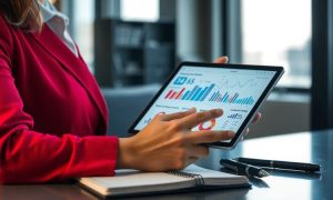 Persona sosteniendo una tablet mostrando gráficos, analizando datos. Contexto de oficina con luz natural, estrategia empresarial y marketing visual.