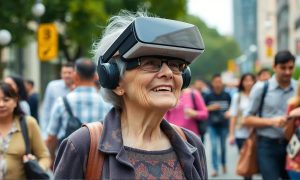 an old lady walking on the street. cROWDS. The old lady wears VR HEADSET. sHE IS SMILING