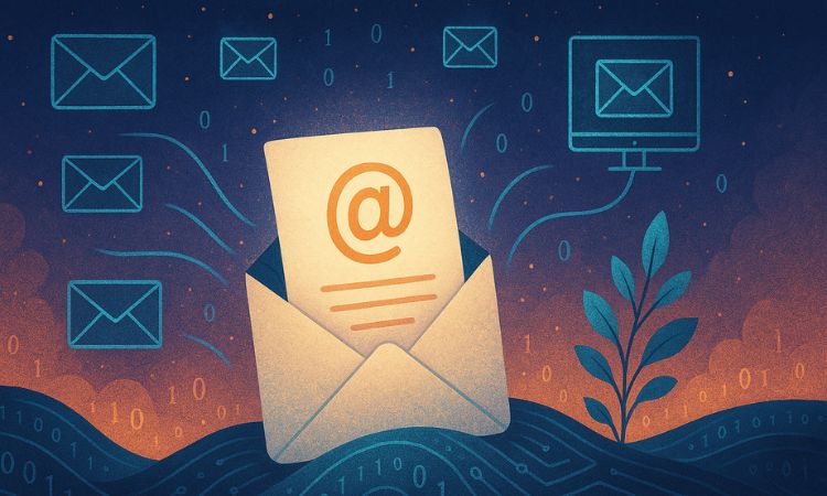 Imagen de un gran sobre del que sale un documento con una "@" gigante, simbolizando el email marketing. Este sobre está sobre unas colinas conformadas por unos y ceros. En el fondo se intuye la luz del amanecer y hay varios sobres flotando en el cielo azul oscuro nocturno.