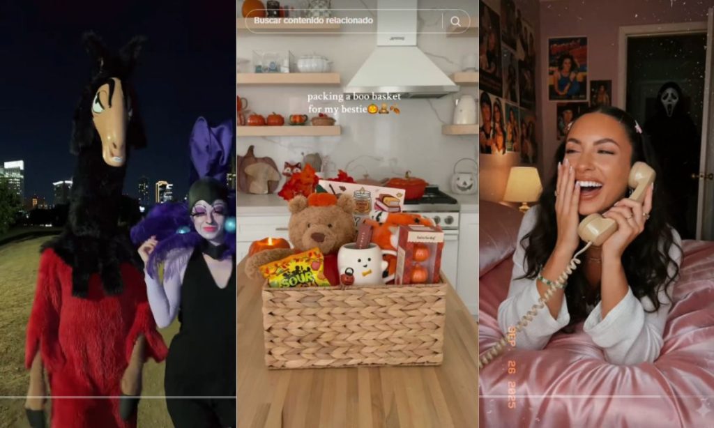 Imagen compuesta por fotogramas de tres tiktoks, cada uno de una tendencia de halloween en redes sociales