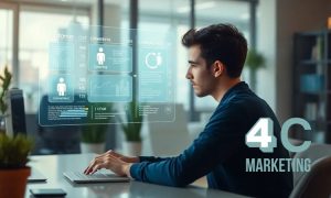 Hombre trabajando en ordenador, analizando datos holográficos en oficina moderna. Texto: "4C MARKETING". Contexto de estrategia digital y análisis.