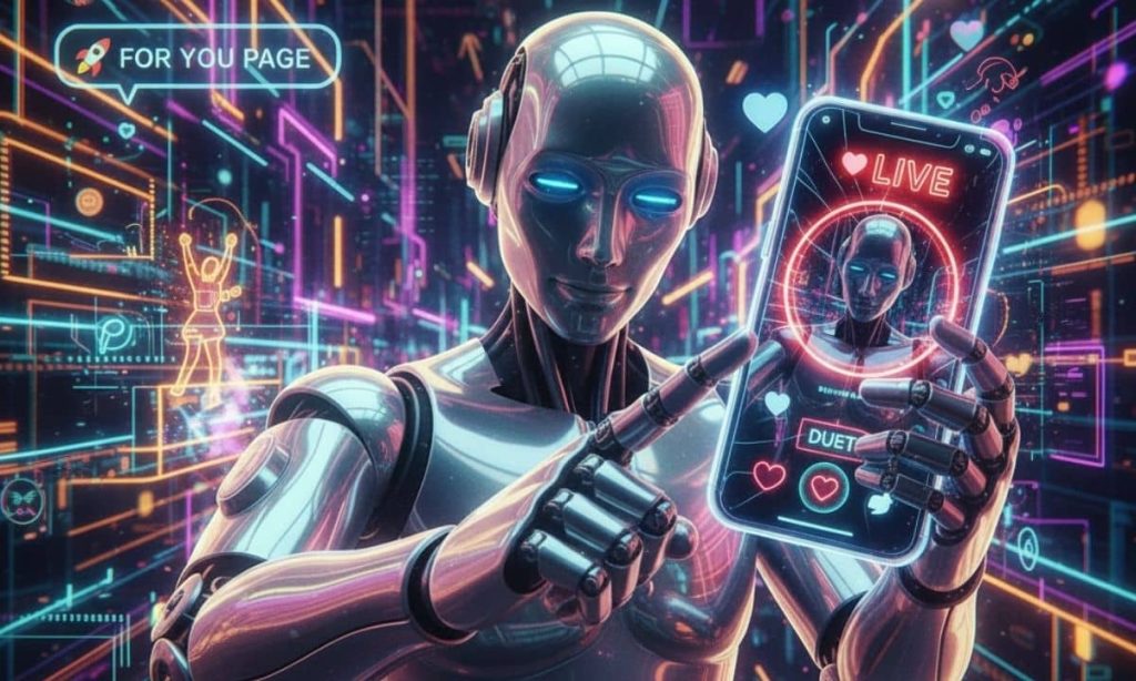 una imagen, más larga que alta, en la que predominen los colores neón, al estilo tiktok, y un robot aparezca grabándose un vídeo con el móvil en modo selfie