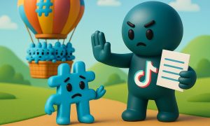 Imagen en la que se vea a un muñeco que es el símbolo de TikTok indicándole a un muñeco que es un hashtag que no puede pasar. El símbolo de TikTok lleva una lista en una mano y levanta la otra en señal de negativa y stop. Tras el símbolo de TikTok hay un globo aerostático en el que van montados cinco muñecos de Hashtag, a punto de despegar. El estilo es animado, 3D y colorido