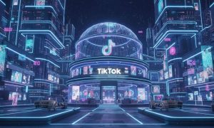 una tienda de tiktok shop en un mundo virtual de colores neon