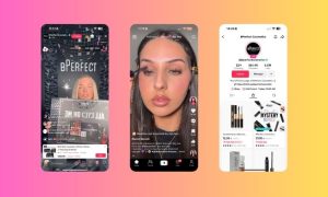Sobre un fondo degradado rosa y naranja se ven tres capturas de pantalla que muestran las distintas funciones de TikTok Shop (live shopping, shoppable video y product showcase)