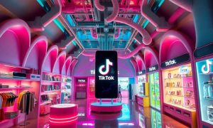 Una representación fantástica y vibrante de un mercado inspirado en TikTok. El espacio interior está diseñado con una arquitectura colorida y surrealista, con una iluminación de neón llamativa en tonos rosa, azul y violeta. Las secciones muestran ropa con estantes flotantes, libros en estantes que levitan, electrodomésticos futuristas y productos de belleza que brillan bajo una iluminación dinámica. El ambiente es caprichoso y onírico, con un teléfono gigante en el centro.