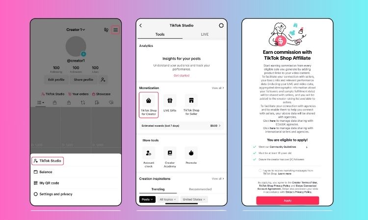 Una pantalla de TikTok muestra estadísticas de perfil, insights de video, y un texto promocional sobre TikTok Shop Affiliate, todo en un contexto digital colorido.