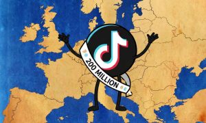 On a map of Europe, a character representing the TikTok logo appears, wearing a commemorative ribbon that reads "200 million".