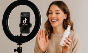 Persona grabando un vídeo para TikTok Symphony donde muestra un producto