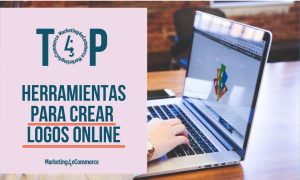 Carátula en la que, de fondo y más visible en el lado derecho, aparece una fotografía de una persona usando su portátil para hacer un logo online. A la izquierda se ve una portada rosa pastel en la que se lee "Top herramientas para crear logos online" y, bajo esto, el logo de Marketing4eCommerce