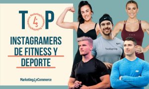 Carátula en la que, a la derecha aparecen las fotografías de varios de los youtubers de fitness y deporte más seguidos de España (Patry Jordán, Sergio Peinado, Verónica Costa, David Marchante y Rubén García). A la izquierda se ve una portada en amarillo pastel en la que se lee "Top instagramers de fitness y deporte" y, bajo esto, el logo de Marketing4eCommerce