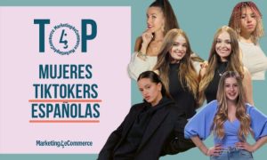 A la izquierda de la imagen aparece una carátula rosa claro en la que pone "Top mujeres tiktokers más seguidos del mundo" y, bajo la frase, aparece el logo de Marketing4eCommerce. A la derecha, sobre un fondo azul claro vemos a: Rosalía, Julia Menú García, Twin Melody, Larissa Kimberly y Judith Arias