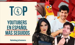 Carátula en la que, a la derecha, aparecen las fotografías de varios de los youtubers de habla hispana más seguidos (Mikecrack, Germán Garmendia, Kimberly Loaiza y el gallo de El Reino Infantil). A la izquierda se ve una portada en amarillo pastel en la que se lee "Top youtubers en español más seguidos" y, bajo esto, el logo de Marketing4eCommerce