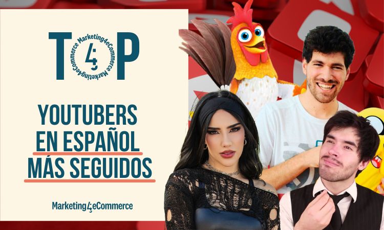 Carátula en la que, a la derecha, aparecen las fotografías de varios de los youtubers de habla hispana más seguidos (Mikecrack, Germán Garmendia, Kimberly Loaiza y el gallo de El Reino Infantil). A la izquierda se ve una portada en amarillo pastel en la que se lee "Top youtubers en español más seguidos" y, bajo esto, el logo de Marketing4eCommerce