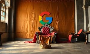 un salón del trono de aspecto medieval, muy lujoso. El sillón del trono está tumbado y una corona está en el suelo. En una de las paredes, un gigantesco tapiz con el logo de la G de google. El plano es medio, cercano al trono