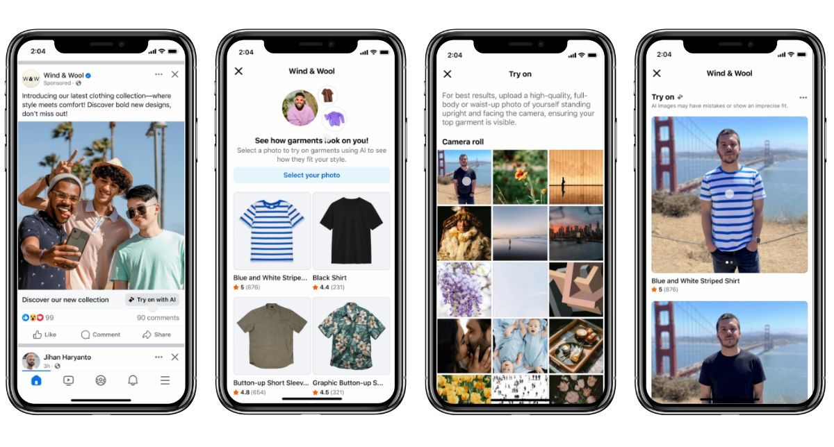 Cuatro capturas de móvil que muestran el funcionamiento de la opción de Meta que permite al usuario subir una foto suya y ver cómo le quedaría una prenda de ropa de un anuncio