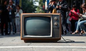 an old tv with broken glass screen on a street, surrounded by people using their cell phones