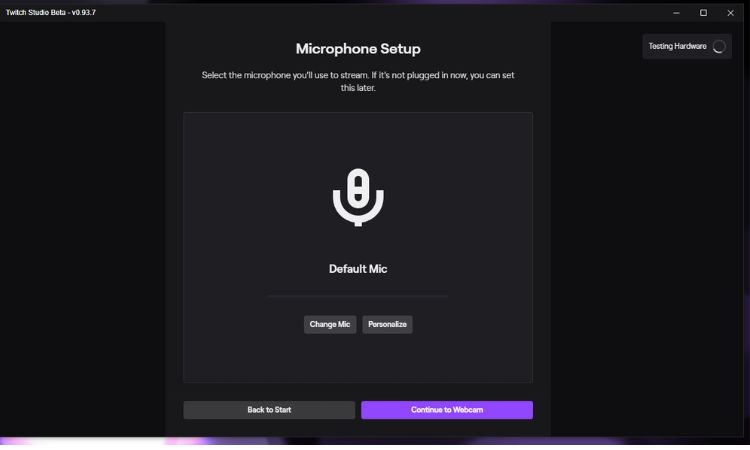 Configuración inicial del micrófono en Twitch Studio