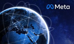 Fotografía del planeta Tierra. De varios puntos del planeta surgen líneas que se conectan con otros territorios, representando la intercomunicación. En la esquina superior derecha se ve el logo de Meta.