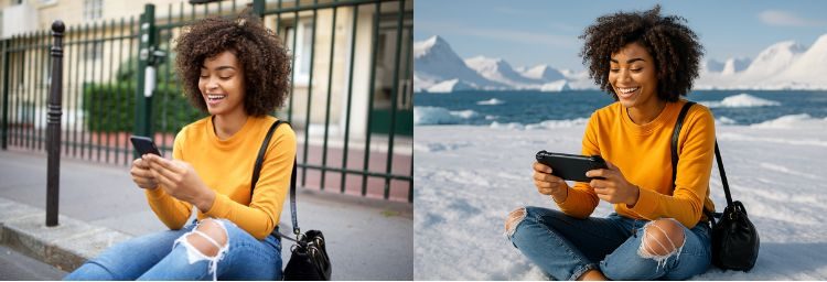 A la izquierda: fotografía de una mujer negra de unos 25 años sentada en la acera mientras mira su móvil con actitud sonriente y feliz. A la derecha: imagen generada con 4o que recrea esta imagen situando a la mujer en el Polo Norte y usando una consola.