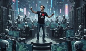 un joven director de orquesta con vaqueros y camiseta dirigiendo a un grupode robots tecleando