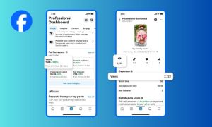 Sobre un fondo degradado azul oscuro se ven dos capturas de la pantalla de un móvil en las que se visualiza un informe de métricas de Facebook en el que se ven las "views", la nueva métrica principal de Meta