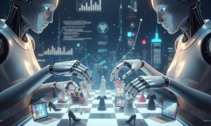 una imagen en la que dos robots juegan al ajedrez. Sobre el tablero, en vez de las piezas habituales del ajedrez, hay piezas con forma de carritos de la compra, prendas de ropa , ordenadores, televisiones, teléfonos...