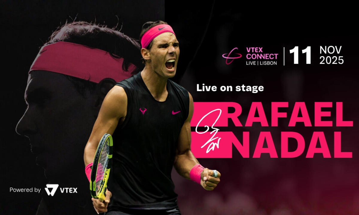 La imagen muestra a Rafael Nadal con su característico atuendo deportivo, en acción durante un partido de tenis. En la parte superior, se destaca el logo de VTEX Connect Live Lisboa 2025, anunciando su participación como keynote speaker en el evento, que se llevará a cabo el 11 de noviembre de 2025 en Lisboa. La imagen refleja la energía y determinación del tenista, mientras se prepara para compartir sus experiencias sobre liderazgo y resiliencia en el escenario del evento, dirigido a profesionales del comercio digital y la innovación.