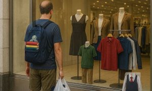 un hombre adulto, vestido con camiseta y pantalones cortos, visto de espaldas, cargado con una mochila escolar llena de libros, ante una gran tienda de ropa. El hombre debe reflejar una sensación de insignificancia