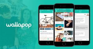 Aplicación Wallapop mostrando en tres móviles productos en venta, con bicicletas y artículos electrónicos en una interfaz amigable y moderna. Texto: "wallapop". Ideal para compraventa online.