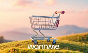 a shopping cart over a digital landscape that resembles ecommerce. Wannme logo on it
