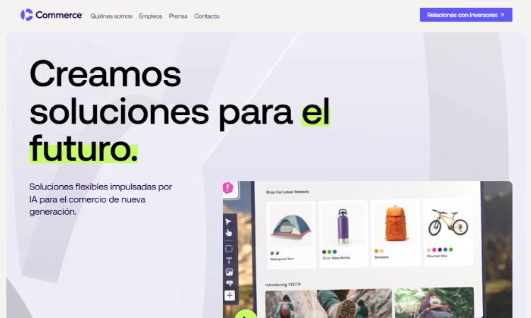 Captura de la web Commerce en la que podemos leer "Creamos soluciones para el futuro". "Soluciones flexibles impulsadas por IA para el comercio de nueva generación".