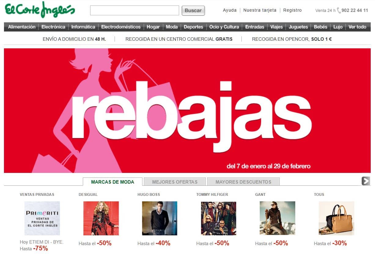 Aspecto de la web de Elcorteingles.es en 2012