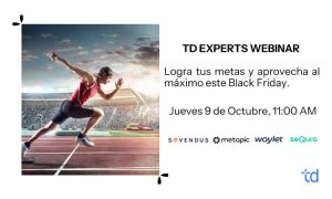 La imagen promociona el webinar TD Experts de Tradedoubler, con un atleta en pista y los datos del evento: 9 de octubre, 11:00 AM, junto a los logos de Sovendus, Metapic, Waylet y seQura.