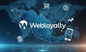 un mapa de mexico de aspecto digital, perfilado, sobre el que aparece el logo de webloyalty