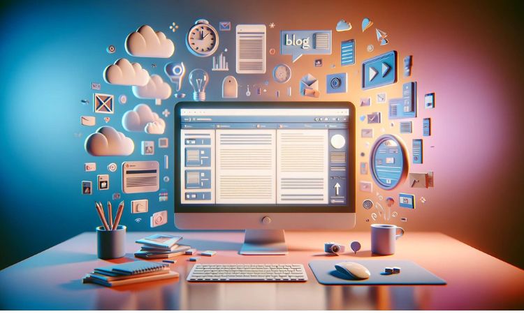 Representación 3D de cómo crear un blog gratis en una pantalla de ordenador, rodeada de un ambiente creativo en el que, fuera de la pantalla, aparecen bloques de edición, y en colores pastel.